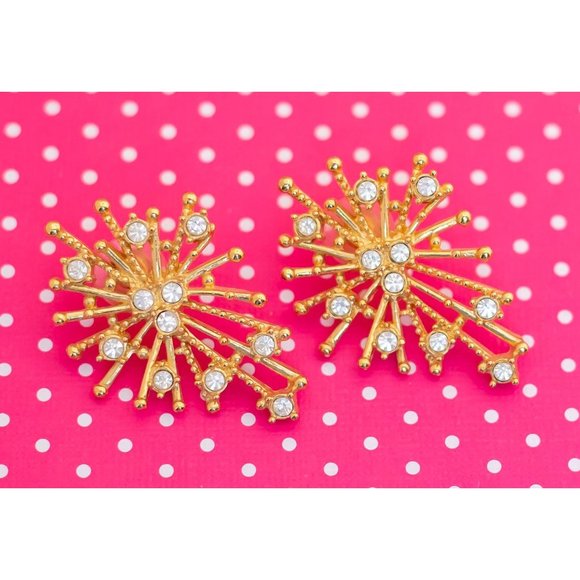 Vintage Rhinestone Fireworks Gold Tone Stud Earrings by Avon - P7 - Picture 2 of 3